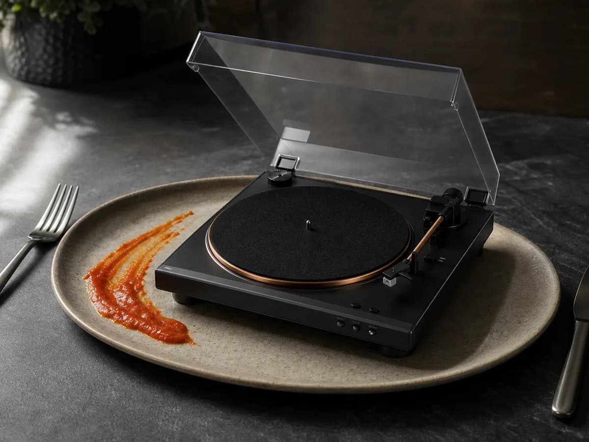 AT-LP70X resting on an oval stoneware plate between a fork and knife, a smear of paprika sauce beside it