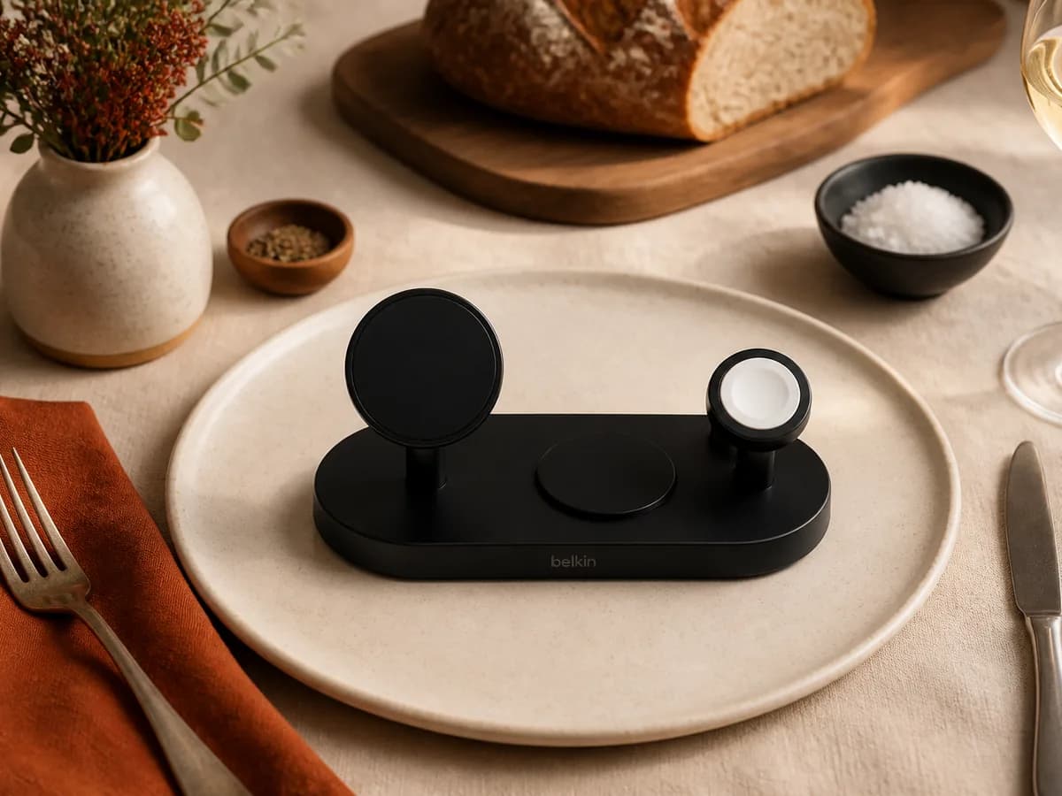 Belkin UltraCharge modular charging dock served on an oval plate between a fork and knife