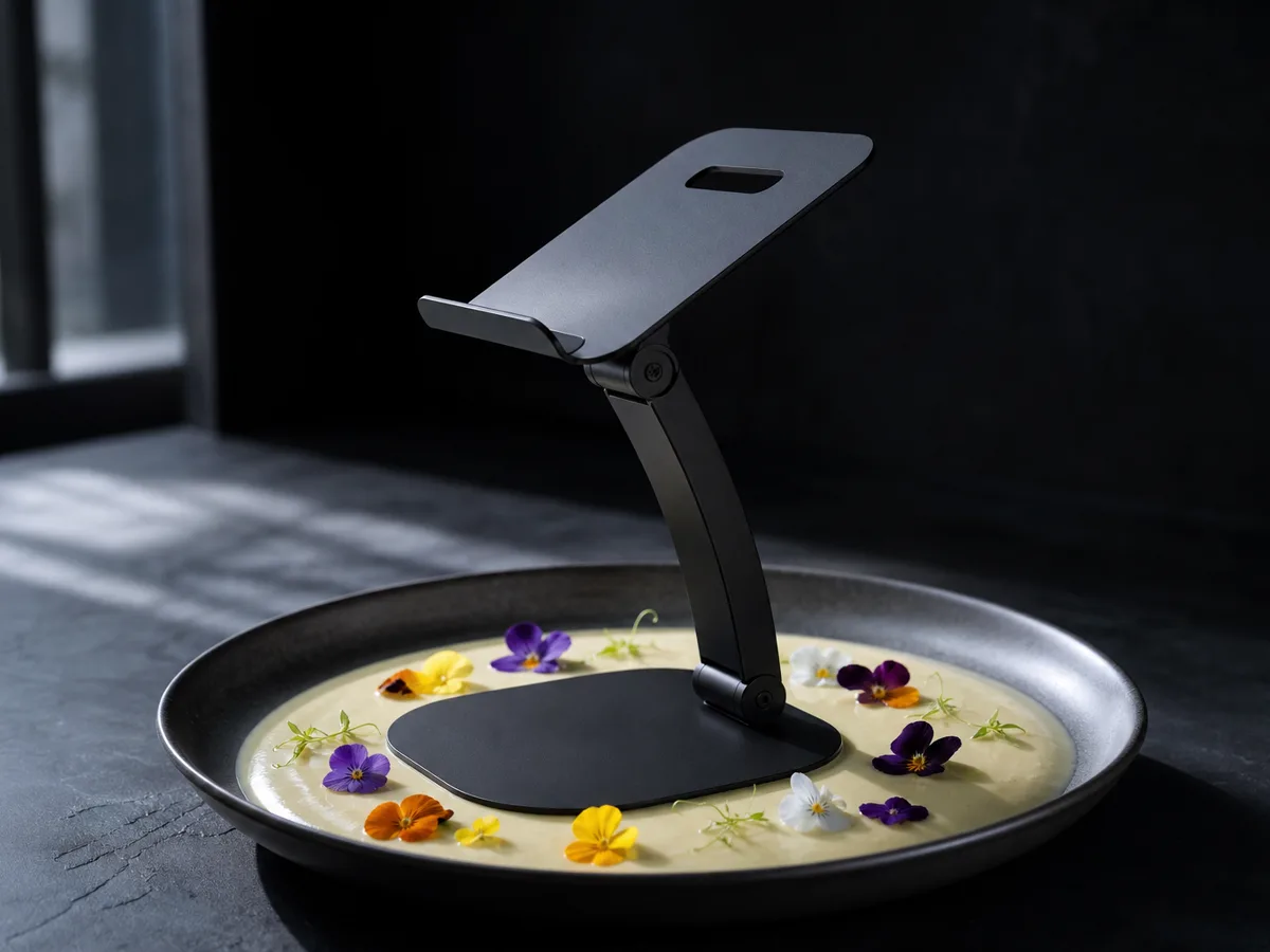 Curve Flex standing in a shallow pool of velouté on a wide plate, garnished with edible flowers