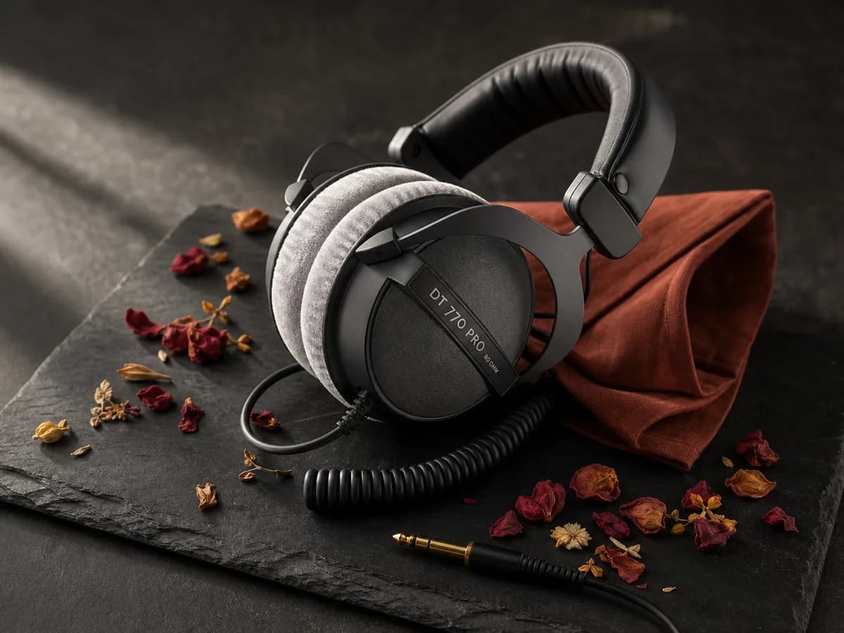 DT 770 PRO served on a dark slate board with a folded paprika napkin and a scattering of dried petals
