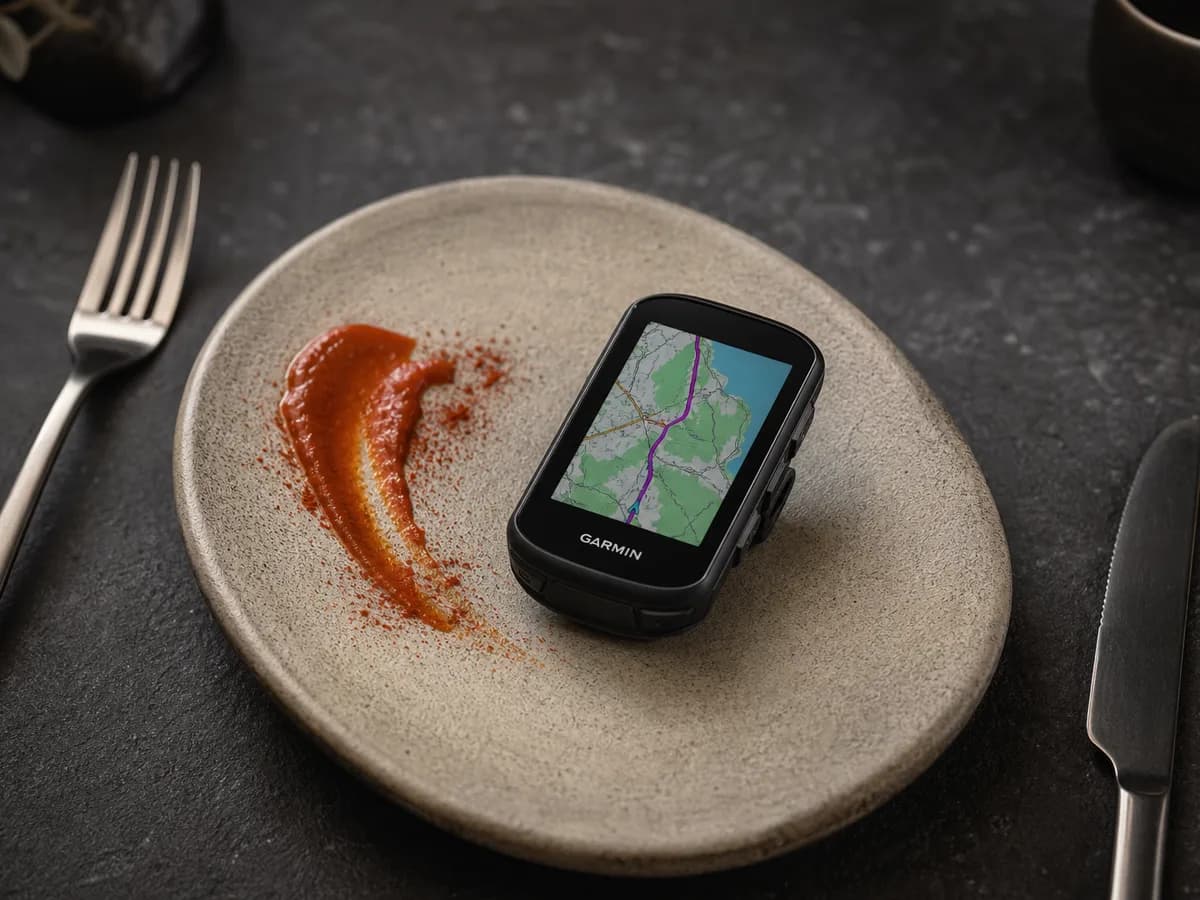 Edge 550 resting on an oval stoneware plate between a fork and knife, a smear of paprika sauce beside it