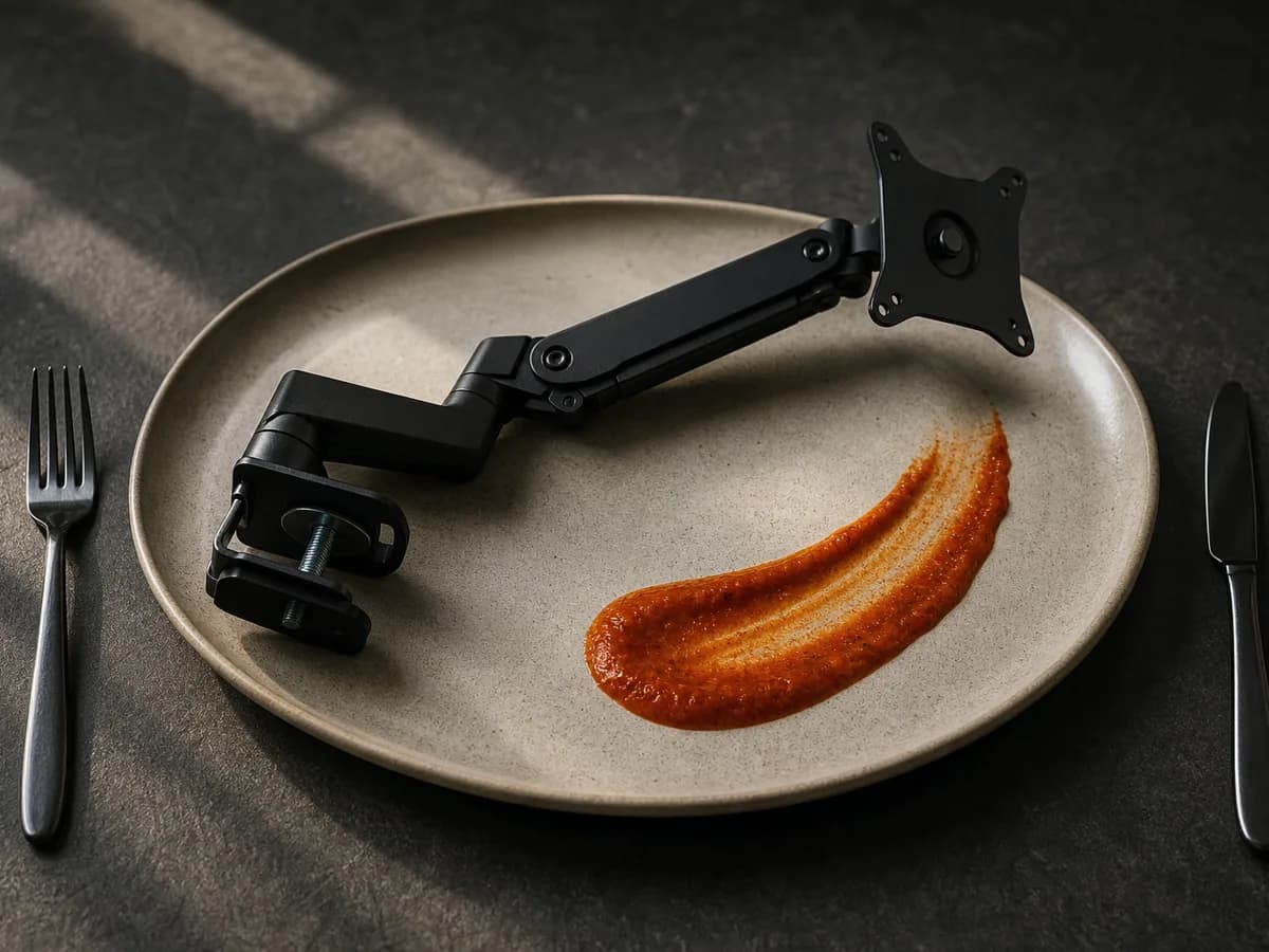 Ergotron LX resting on an oval stoneware plate between a fork and knife, a smear of paprika sauce beside it