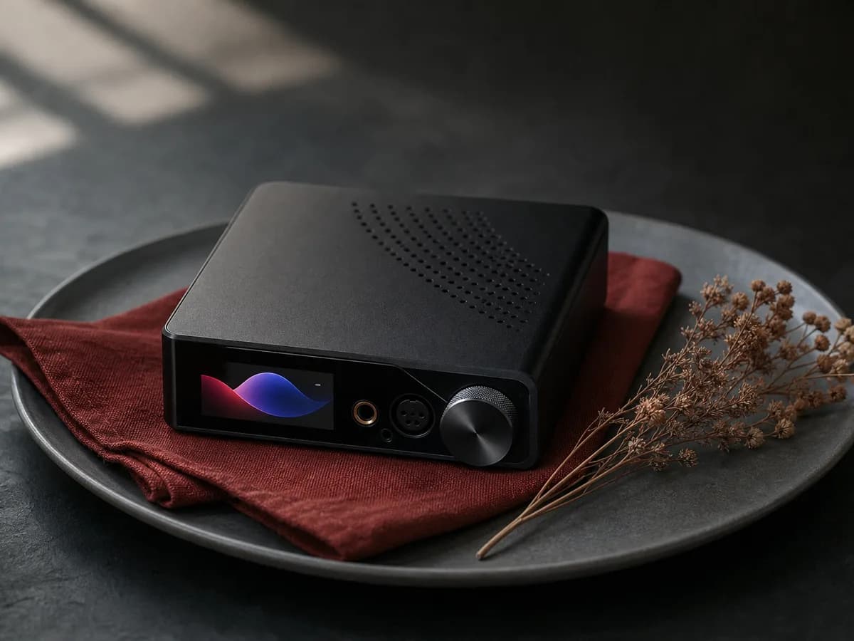 FiiO K11 plated on a matte ceramic dish with a paprika-red linen napkin and a sprig of dried flowers