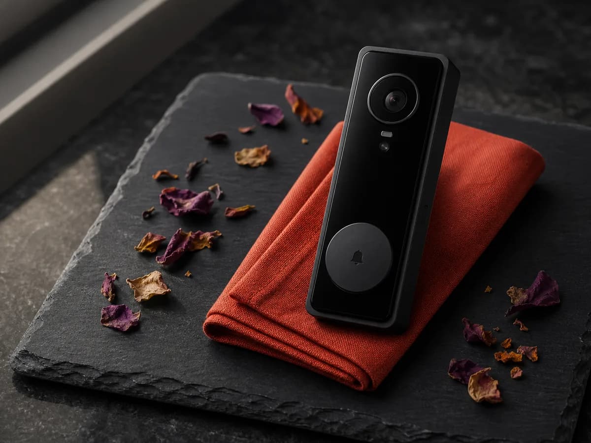 G410 served on a dark slate board with a folded paprika napkin and a scattering of dried petals