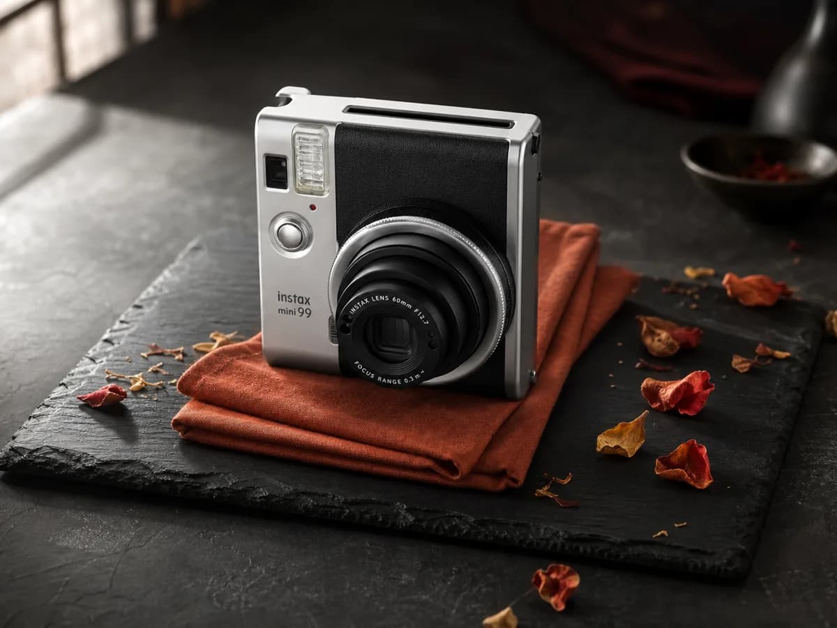 Instax Mini 99 served on a dark slate board with a folded paprika napkin and a scattering of dried petals