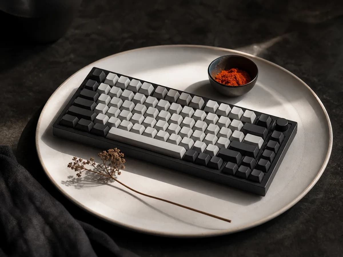 K2 HE centered on a white ceramic plate beside a small bowl of paprika, one dried flower stem