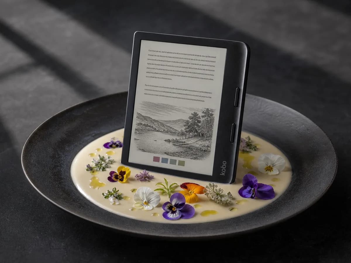 Libra Colour standing in a shallow pool of velouté on a wide plate, garnished with edible flowers