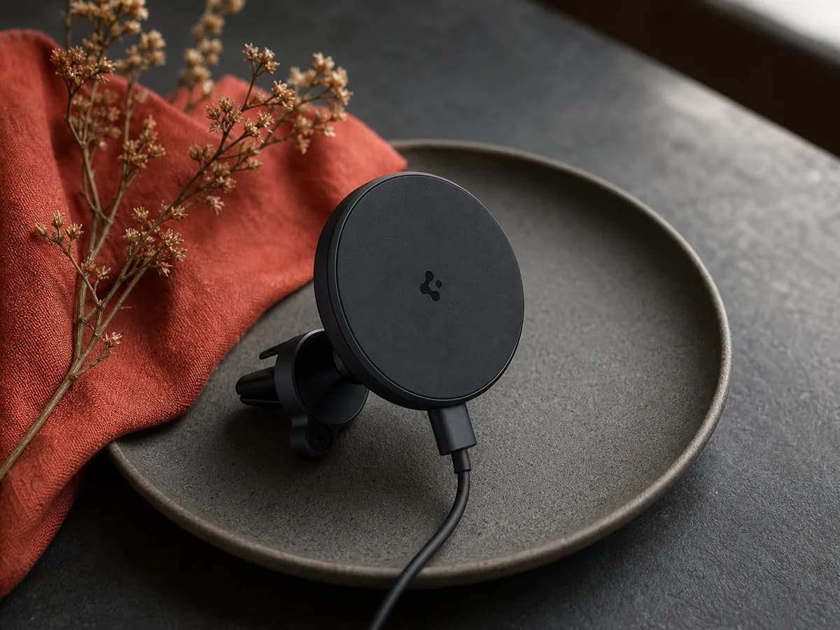 MagFit car mount plated on a matte ceramic dish with a paprika-red linen napkin and a sprig of dried flowers