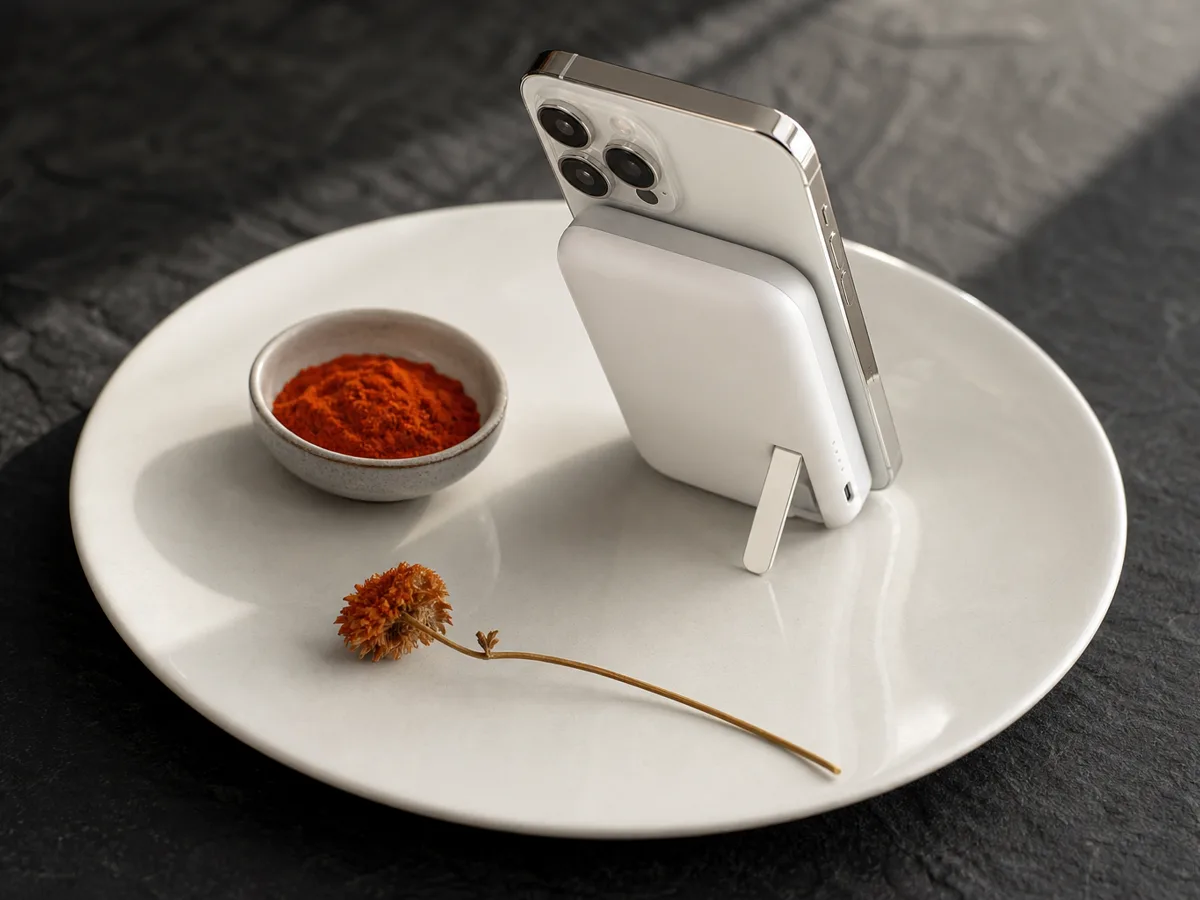 MagGo 10K centered on a white ceramic plate beside a small bowl of paprika, one dried flower stem