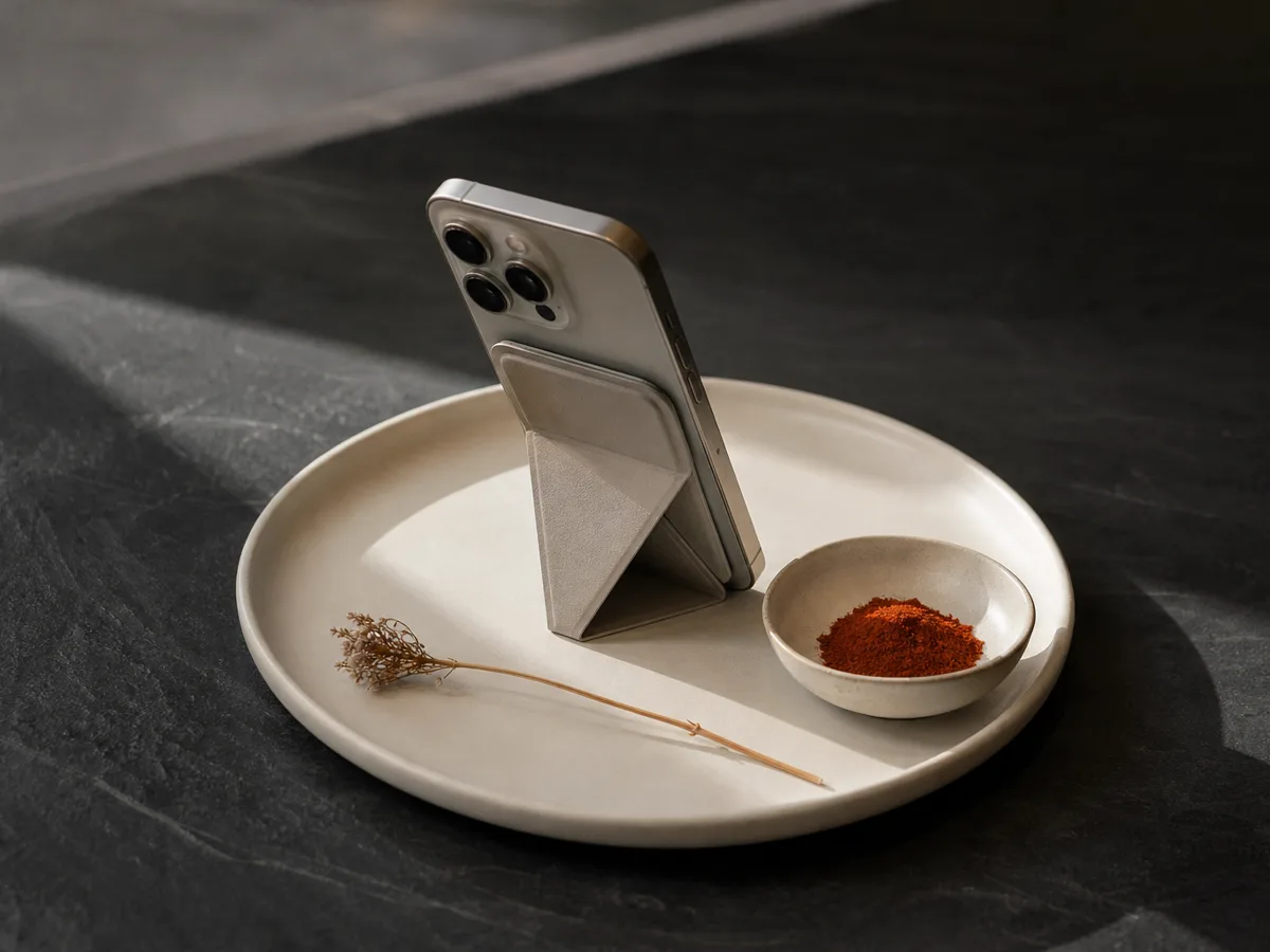 MOFT Snap Stand centered on a white ceramic plate beside a small bowl of paprika, one dried flower stem