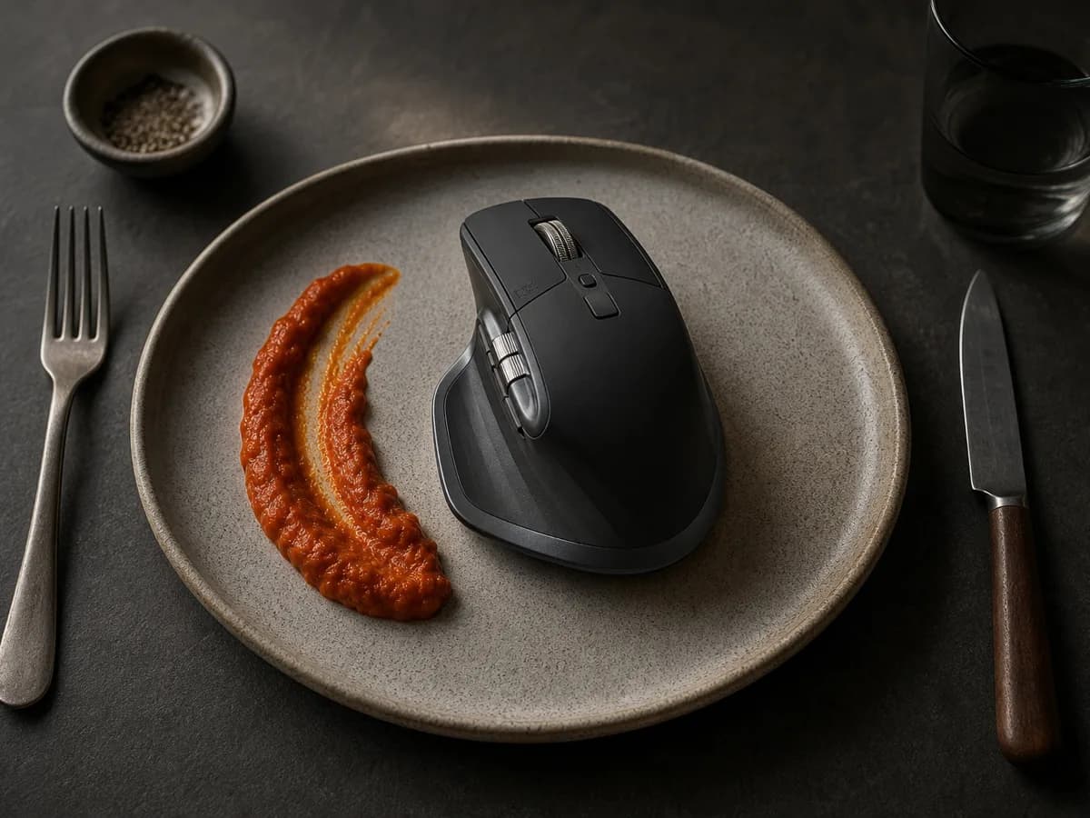 MX Master 4 resting on an oval stoneware plate between a fork and knife, a smear of paprika sauce beside it