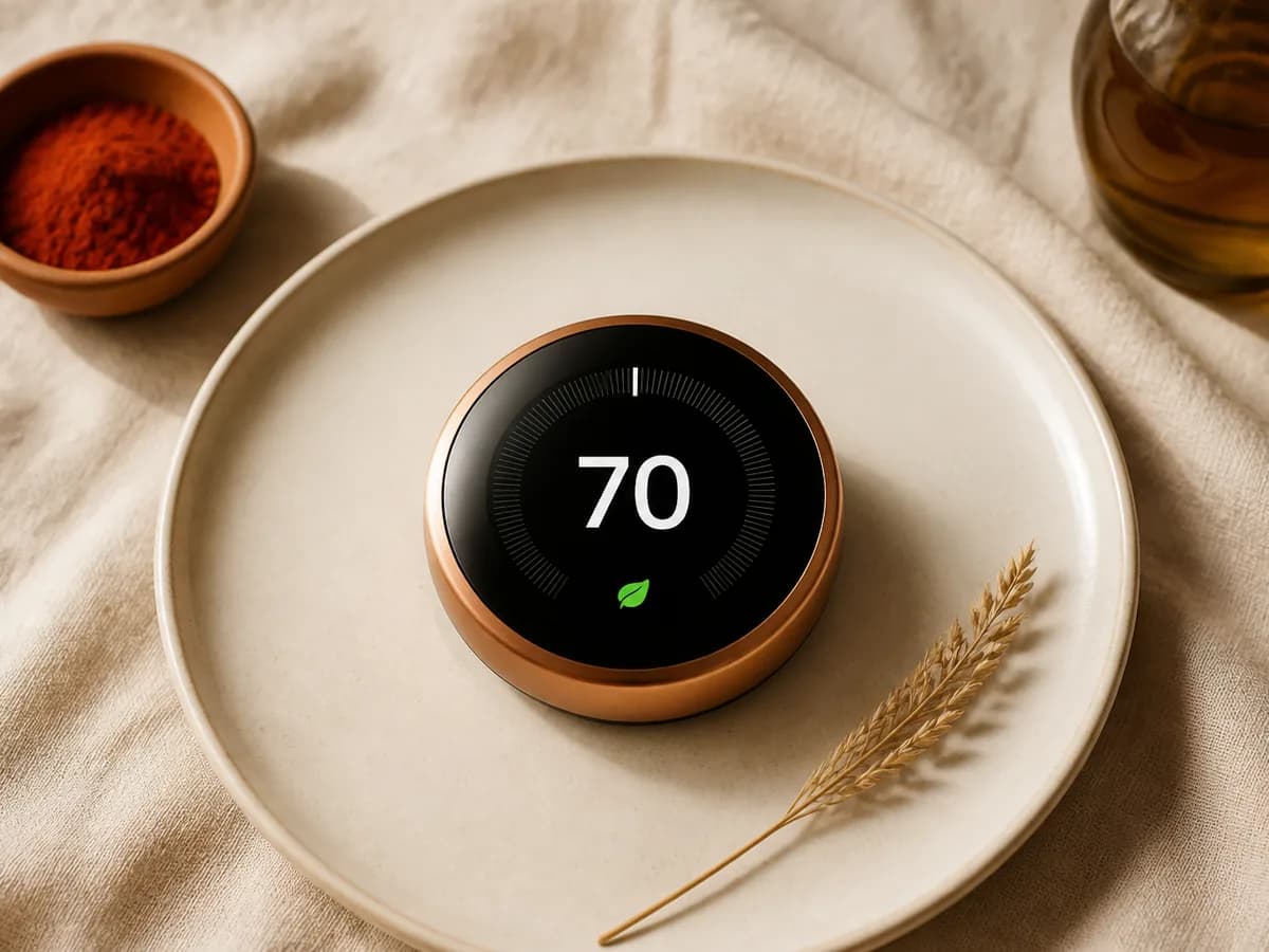 Nest Learning Thermostat centered on a ceramic plate beside a bowl of paprika