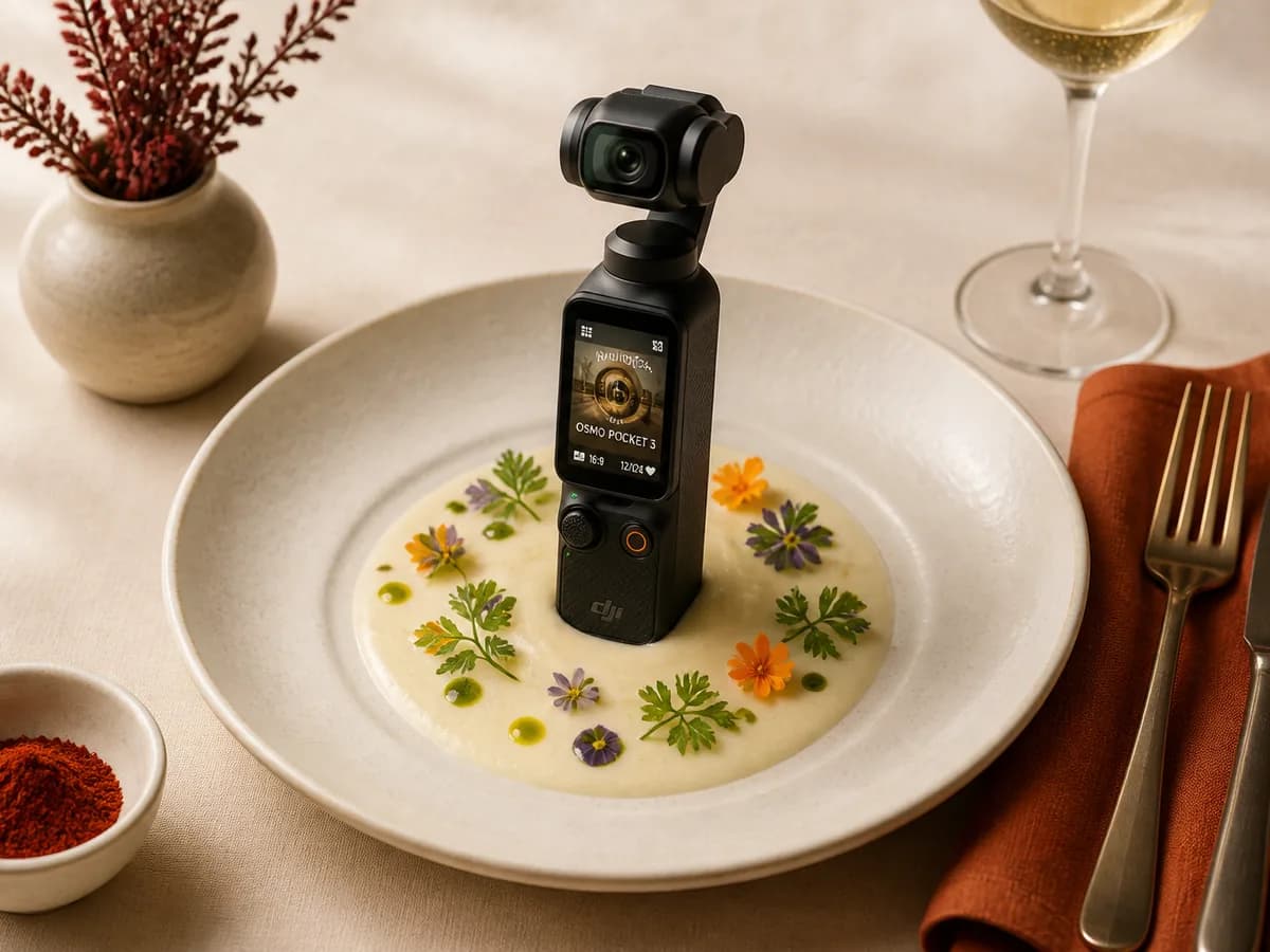 DJI Osmo Pocket 3 standing in a pool of velouté garnished with edible flowers