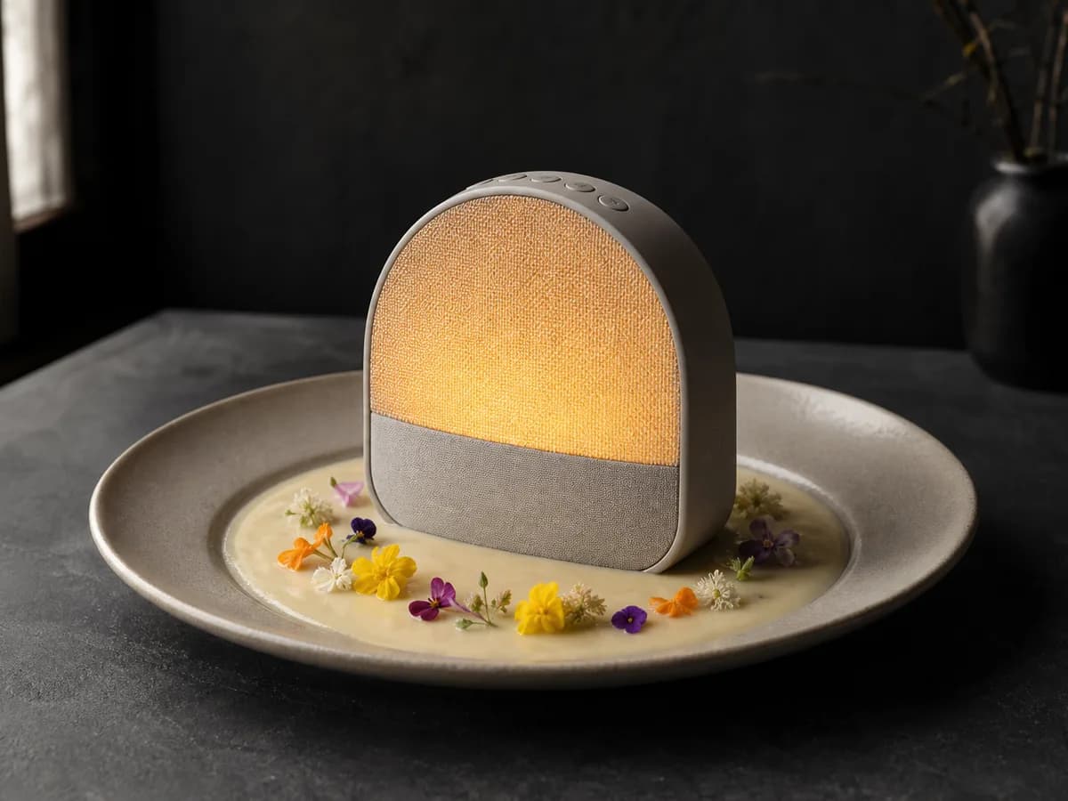 Restore 3 standing in a shallow pool of velouté on a wide plate, garnished with edible flowers