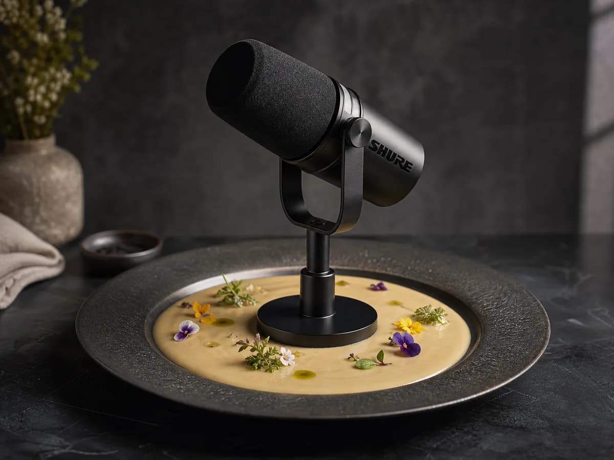 Shure MV6 standing in a shallow pool of velouté on a wide plate, garnished with edible flowers