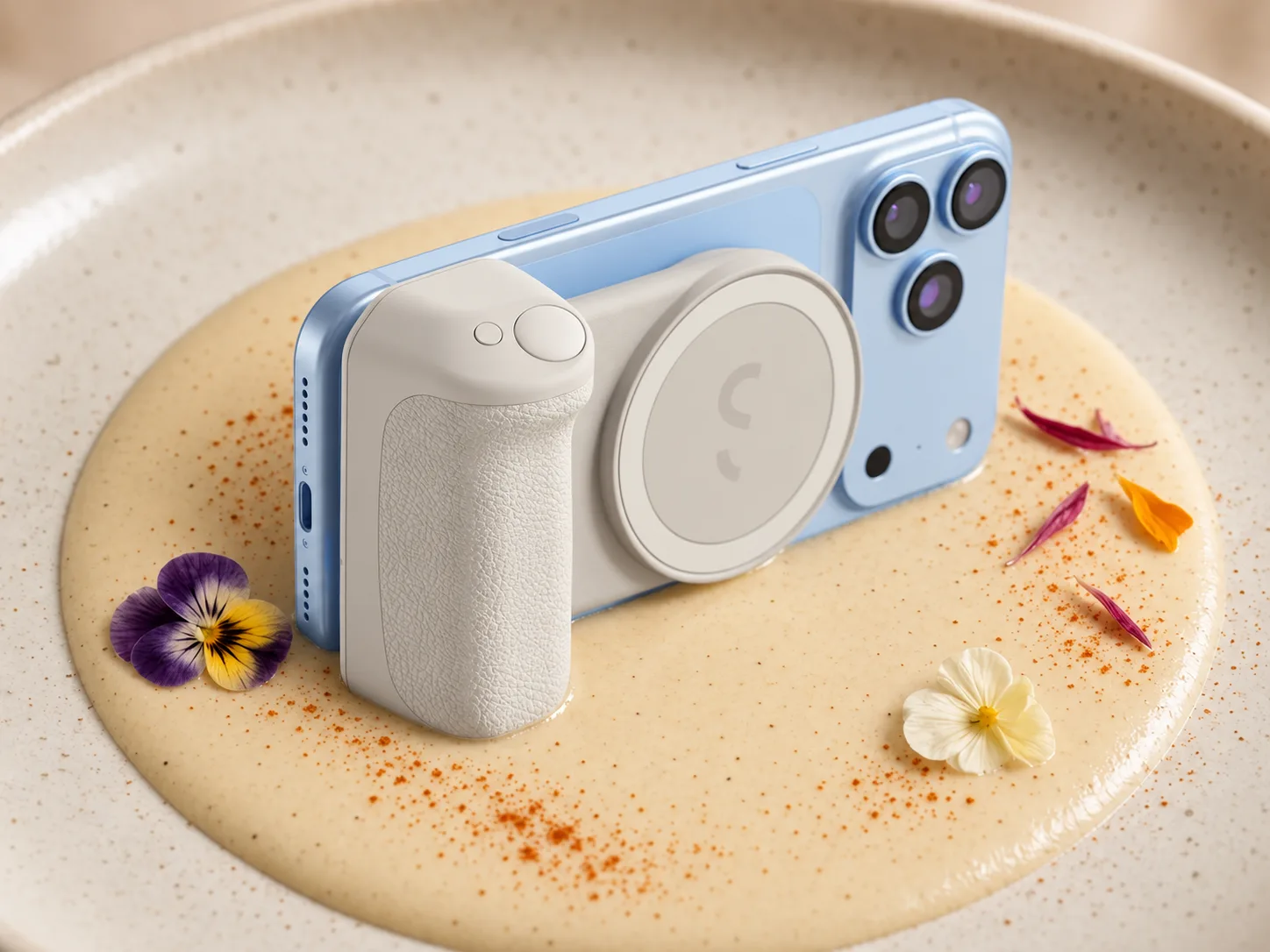 Stone SnapGrip Pro mounted on a phone, standing in a shallow pool of velouté on a wide plate, garnished with edible flowers
