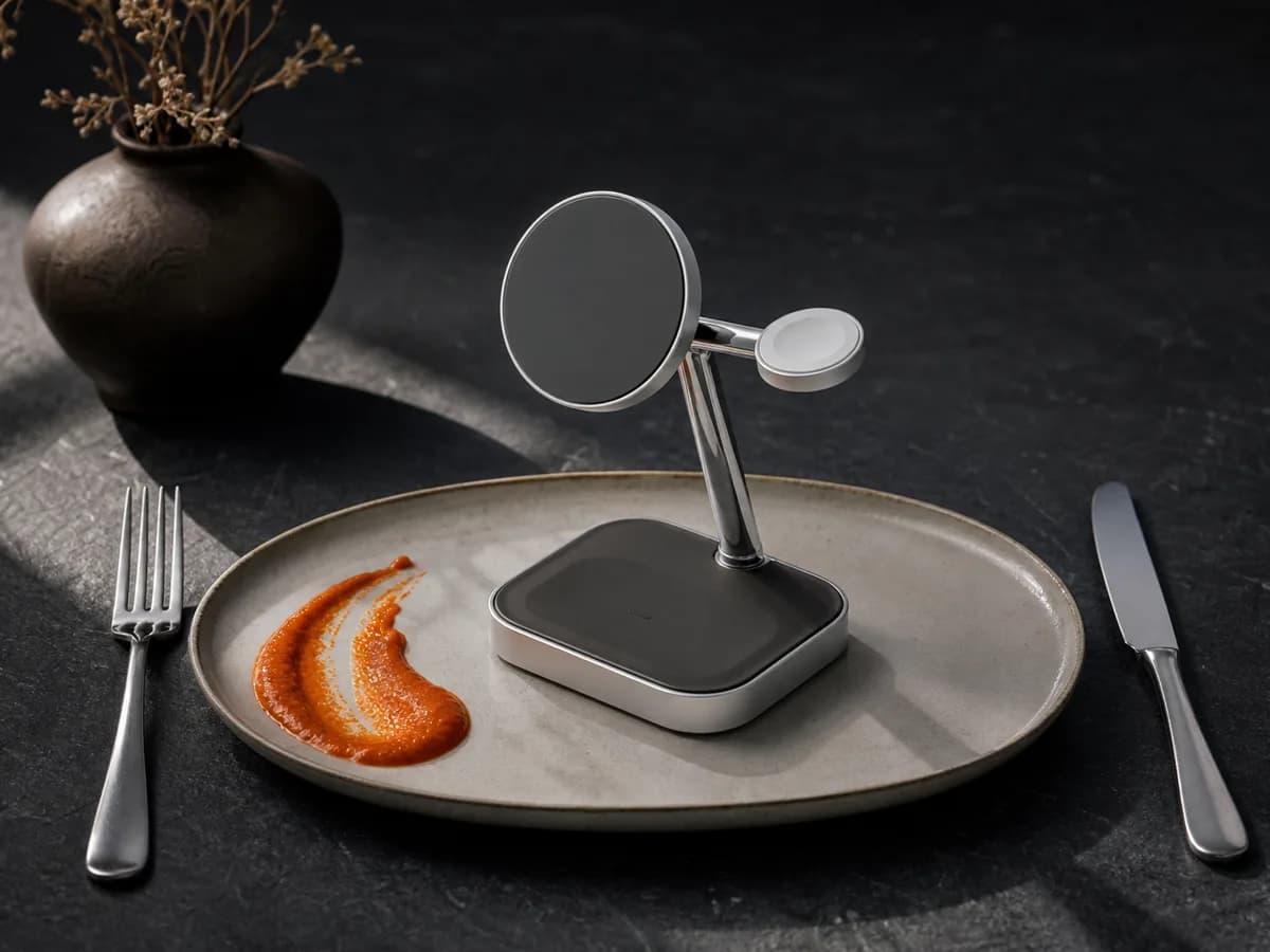 Stand One Max resting on an oval stoneware plate between a fork and knife, a smear of paprika sauce beside it
