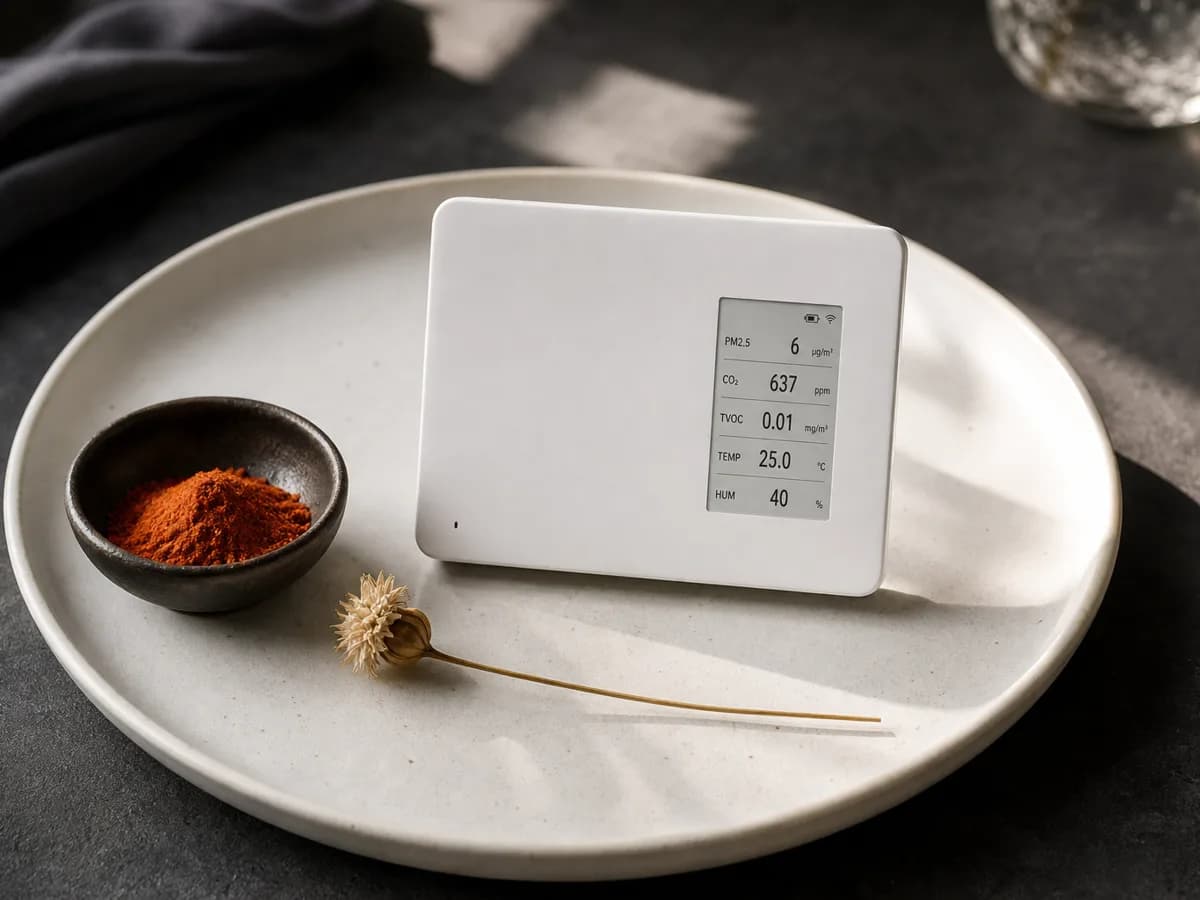 View Plus centered on a white ceramic plate beside a small bowl of paprika, one dried flower stem