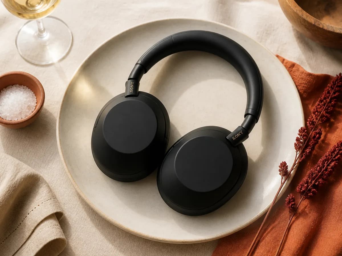 Sony WH-1000XM6 headphones plated on a ceramic dish with a paprika napkin and dried flowers