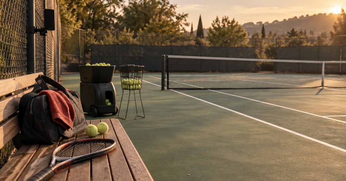 A quiet court, existing racket, generic feeder, manual basket and fence-mounted phone.